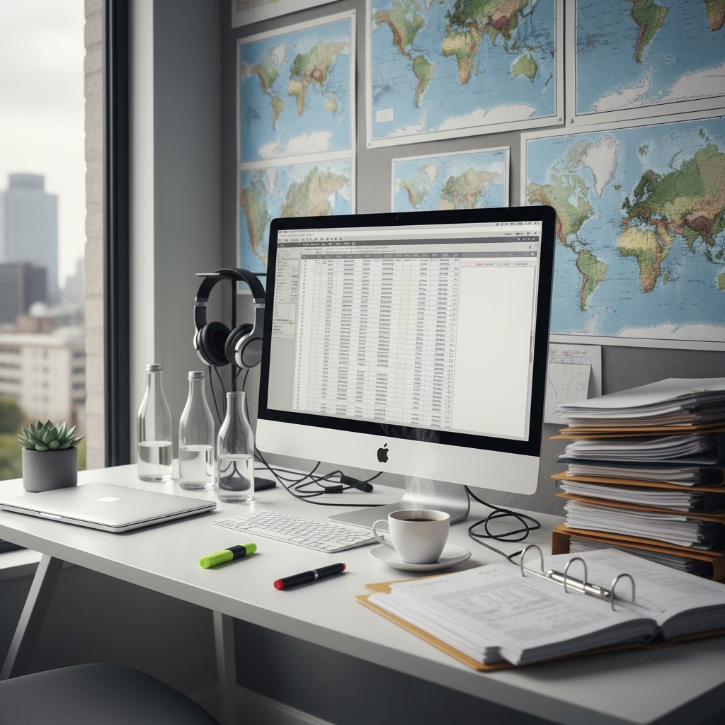 A white desk in an office features a desktop computer displaying a spreadsheet, surrounded by a laptop, water bottles, headphones, highlighters, a cup of coffee, stacks of documents, and open binders, with several world maps hanging on the gray wall behind it and a city view visible through the window.