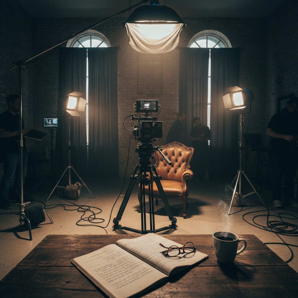 A film set with a leather armchair, a camera on a tripod, and studio lighting facing an open notebook and a steaming cup of coffee on a wooden table in the foreground.